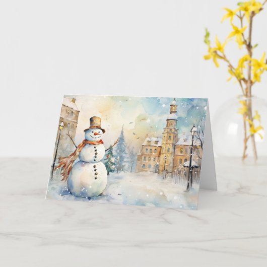 Whimsical Snowman in a Snowy Village Greeting カード (黄色い花)