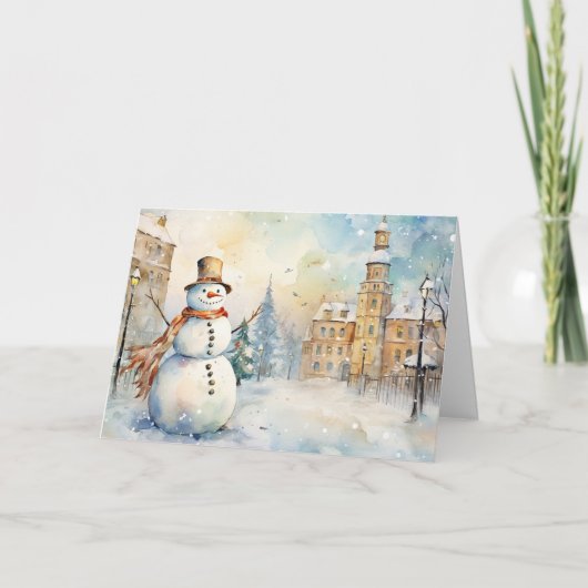 Whimsical Snowman in a Snowy Village Greeting カード (正面)