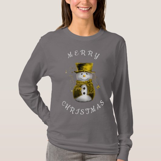 Whimsical Snowman in Gold Merry Christmas  Tシャツ (正面)