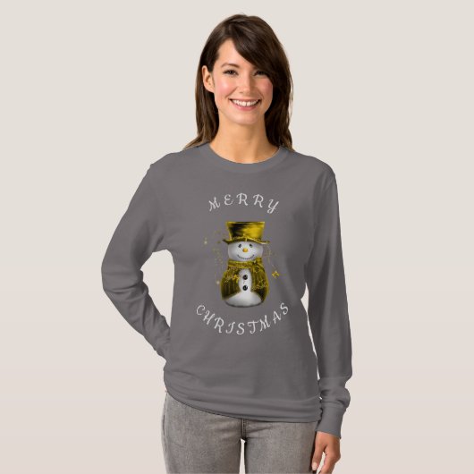 Whimsical Snowman in Gold Merry Christmas  Tシャツ (正面フル)