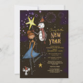 Whimsical Snowman & Starry Night New Year's Eve 招待状 (正面)