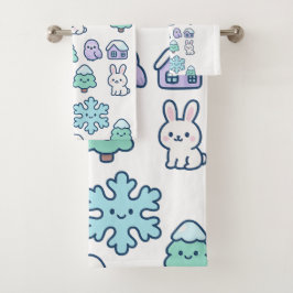 Whimsical Snowy Forest and Cute Creatures Design バスタオルセット