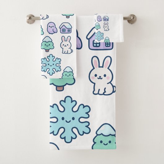 Whimsical Snowy Forest and Cute Creatures Design バスタオルセット (インサイチュ)