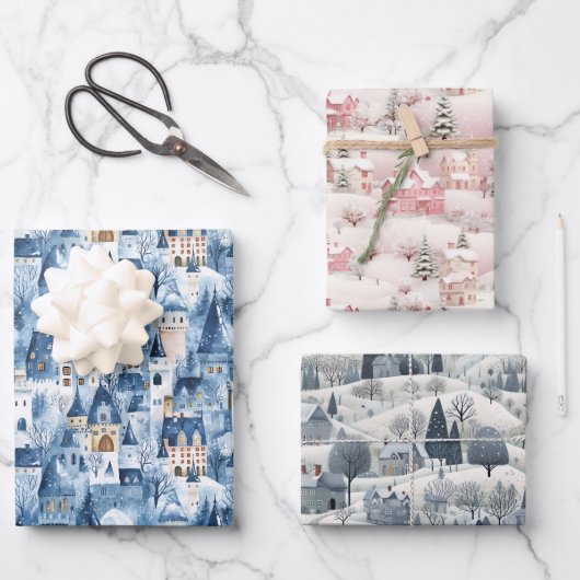 Whimsical Snowy Winter Village Holiday Pattern  ラッピングペーパーシート (正面)