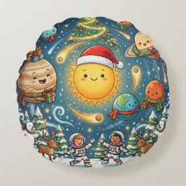 Whimsical Solar System Christmas Party with peopl ラウンドクッション