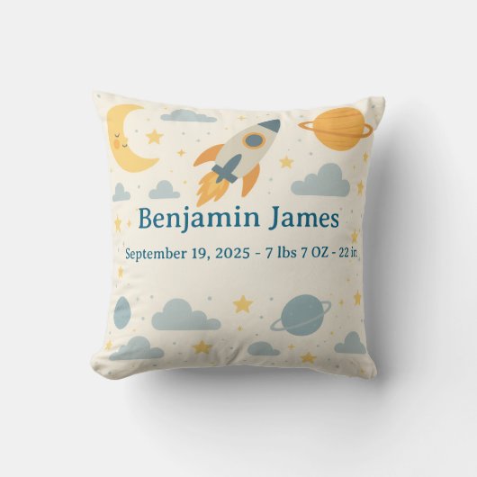 Whimsical Space Nursery Throw Pillow Planets Stars クッション (正面)
