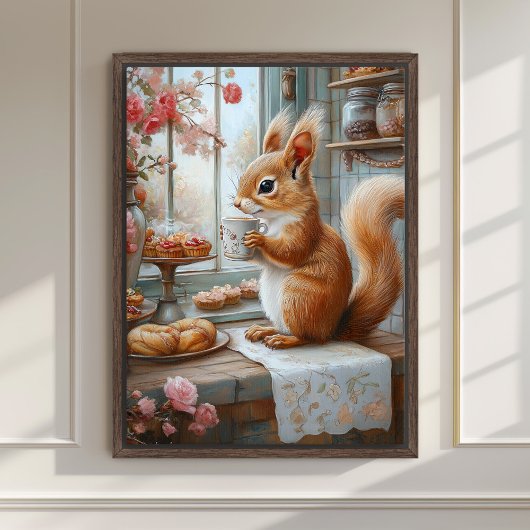Whimsical Squirrel Drinking Tea Café Art Print ポスター