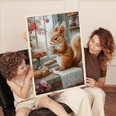 Whimsical Squirrel Drinking Tea Café Art Print ポスター