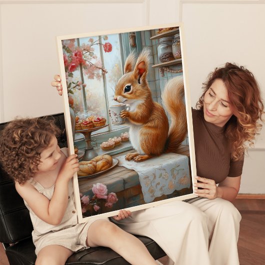 Whimsical Squirrel Drinking Tea Café Art Print ポスター