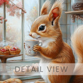 Whimsical Squirrel Drinking Tea Café Art Print ポスター