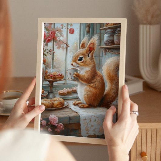 Whimsical Squirrel Drinking Tea Café Art Print ポスター