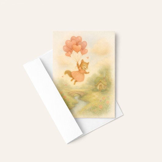 Whimsical Squirrel with Heart Balloons Valentine  カード