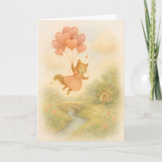 Whimsical Squirrel with Heart Balloons Valentine  カード (正面)
