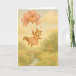 Whimsical Squirrel with Heart Balloons Valentine  カード