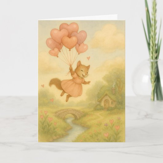 Whimsical Squirrel with Heart Balloons Valentine  カード (正面)