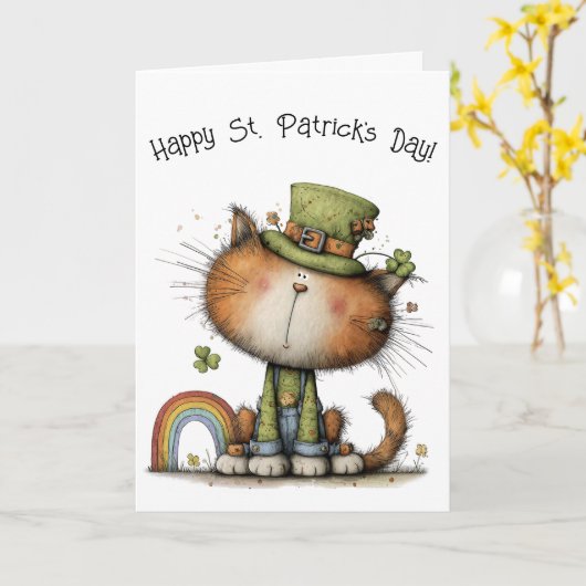 Whimsical St. Patrick’s Day Cat Cheer カード (黄色い花)