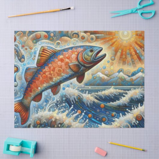 Whimsical Stained-Glass Salmon Fish Decoupage  薄葉紙 (クラフト)