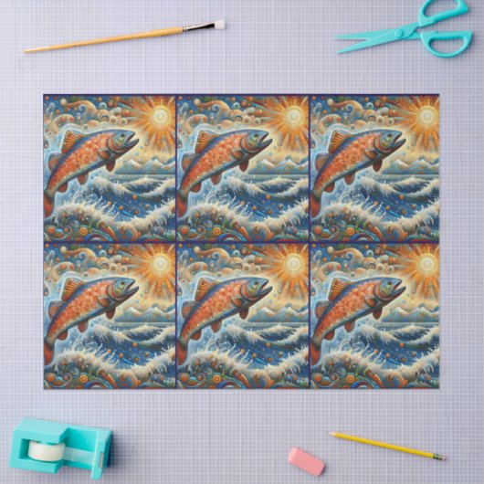 Whimsical Stained-Glass Salmon Fish Decoupage  薄葉紙 (クラフト)