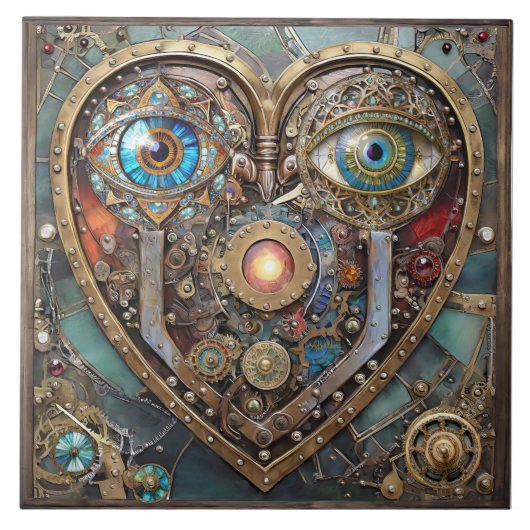 Whimsical Steampunk Heart I See You I Love You タイル (正面)