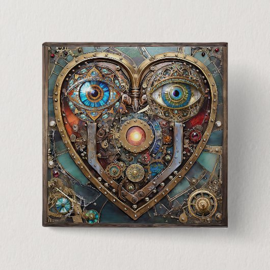 Whimsical Steampunk Heart I See You I Love You 缶バッジ (正面)