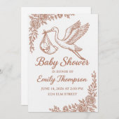 Whimsical Stork & Floral Rustic 招待状 (正面/裏面)