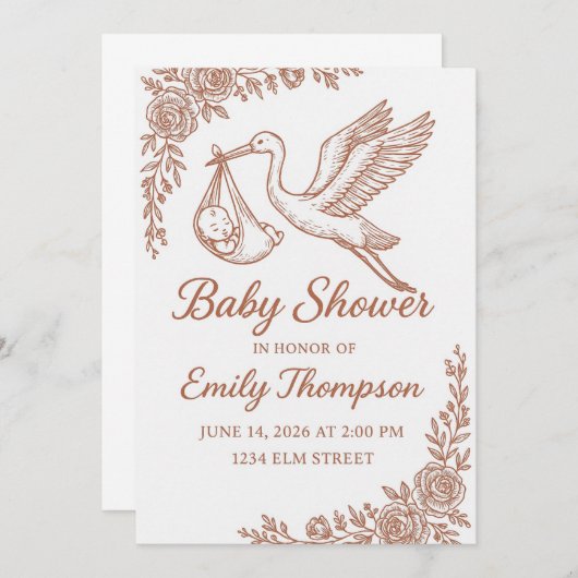 Whimsical Stork & Floral Rustic 招待状 (正面/裏面)