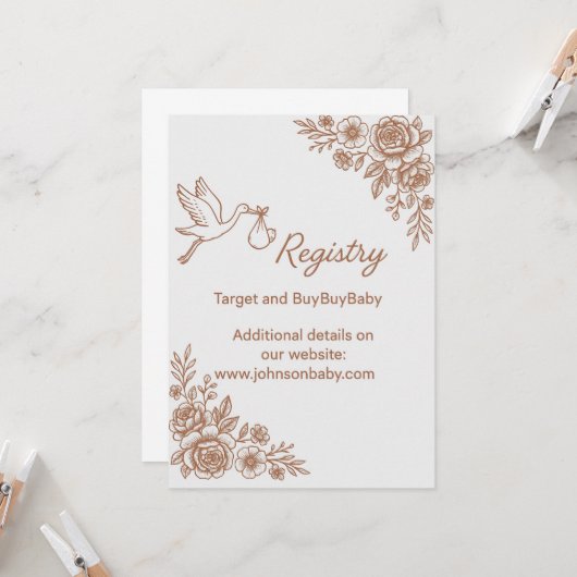 Whimsical Stork & Floral Rustic Registry 招待状 (正面/裏面インサイチュ)