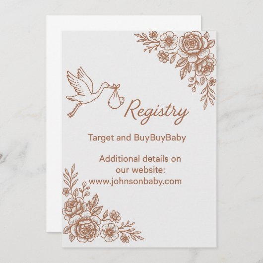 Whimsical Stork & Floral Rustic Registry 招待状 (正面/裏面)