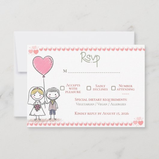 Whimsical Storybook Cartoon Couple Wedding 出欠カード (正面)