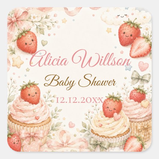 Whimsical Strawberry Baby Shower スクエアシール (正面)