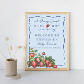 Whimsical Strawberry Blue Baby Shower Welcome Sign ポスター