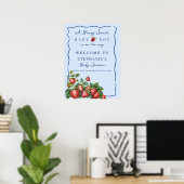 Whimsical Strawberry Blue Baby Shower Welcome Sign ポスター (ホームオフィス)
