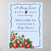 Whimsical Strawberry Blue Baby Shower Welcome Sign ポスター (正面)