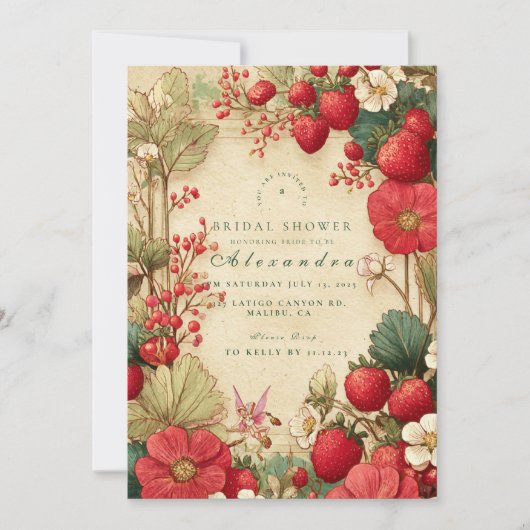 Whimsical Strawberry Botanicals Bridal Shower 招待状 (正面)