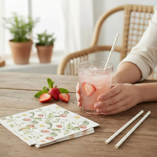 whimsical strawberry daisy floral print napkin スタンダードカクテルナプキン