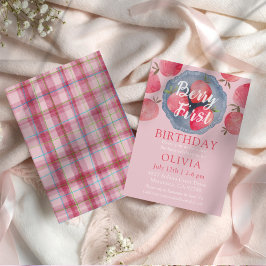 Whimsical Strawberry Pink 1st Birthday Watercolor  招待状