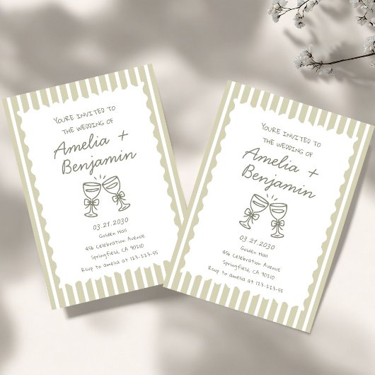 Whimsical Stripe Green champagne Whimsical 招待状