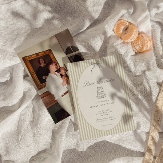 Whimsical Stripe Green Wedding Save the Date 招待状
