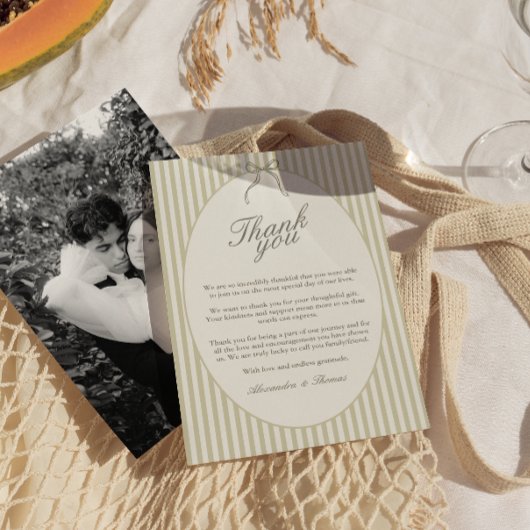 Whimsical Stripe Green Wedding Thank You Card 招待状