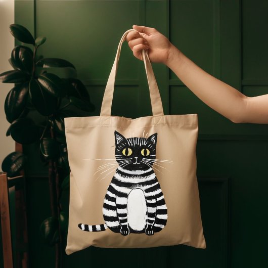 Whimsical Striped Cat Art Tote Bag Cute Folk Illus トートバッグ