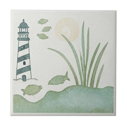 Whimsical Striped Lighthouse and Fish ID1206 タイル (正面)