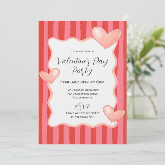Whimsical Stripes and Hearts Valentines Day Party 招待状 (スタンド正面)