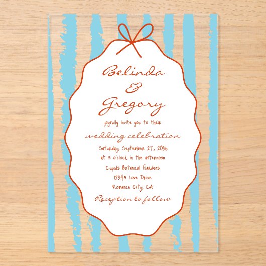 Whimsical Stripes Handwritten Painted Wedding  アクリル招待状 (正面)