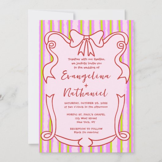Whimsical Stripes Wavy Frame Bow Wedding 招待状 (正面)