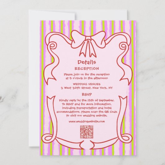 Whimsical Stripes Wavy Frame Bow Wedding 招待状 (裏面)