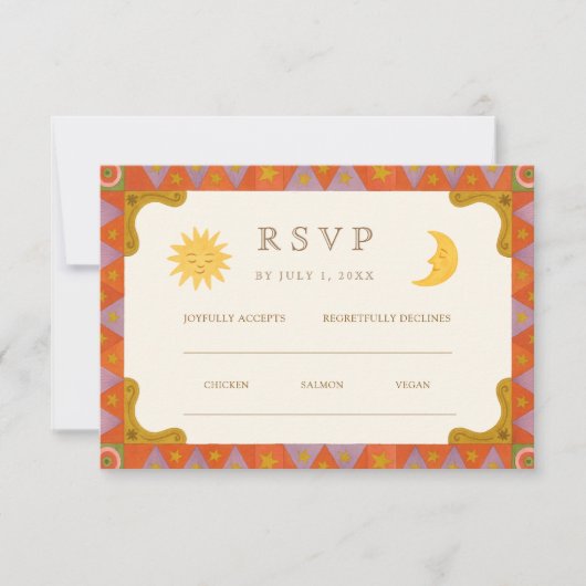 Whimsical Sun & Moon Funky Border Wedding RSVP  (正面)