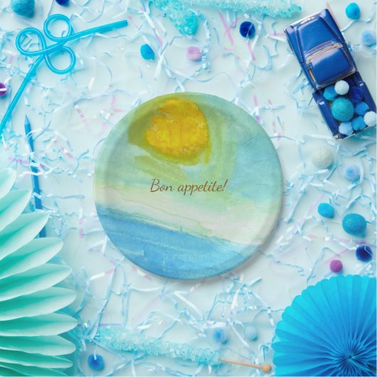 Whimsical Sun Watercolor "Bon Appetit" Paper Plate ペーパープレート (パーティー)