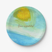 Whimsical Sun Watercolor "Bon Appetit" Paper Plate ペーパープレート (正面)