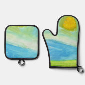 Whimsical Sun Watercolor "Have a Bright Day" 鍋つかみ&鍋敷きセット (正面)