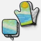 Whimsical Sun Watercolor "Have a Bright Day" 鍋つかみ&鍋敷きセット (正面/裏面)